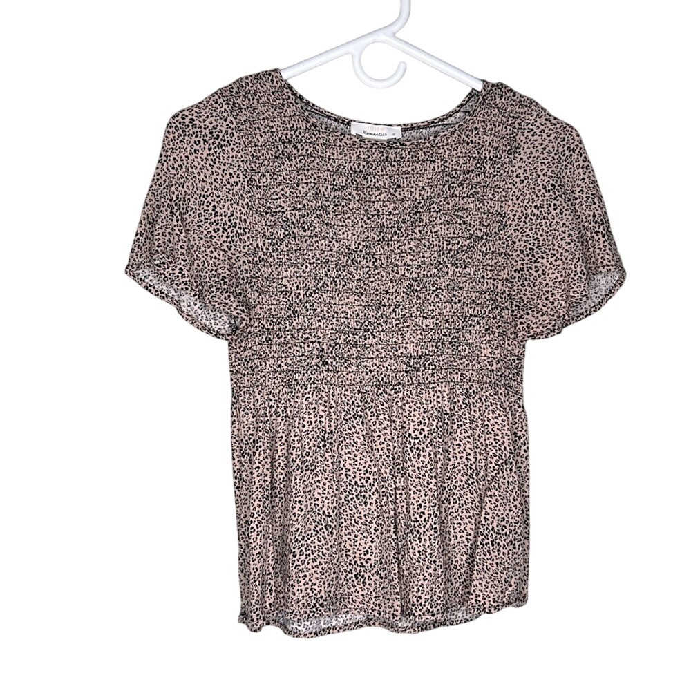 Urban Romantics Smocked Leopard Print Peplum Top Tan Black Short Sleeve‎ S